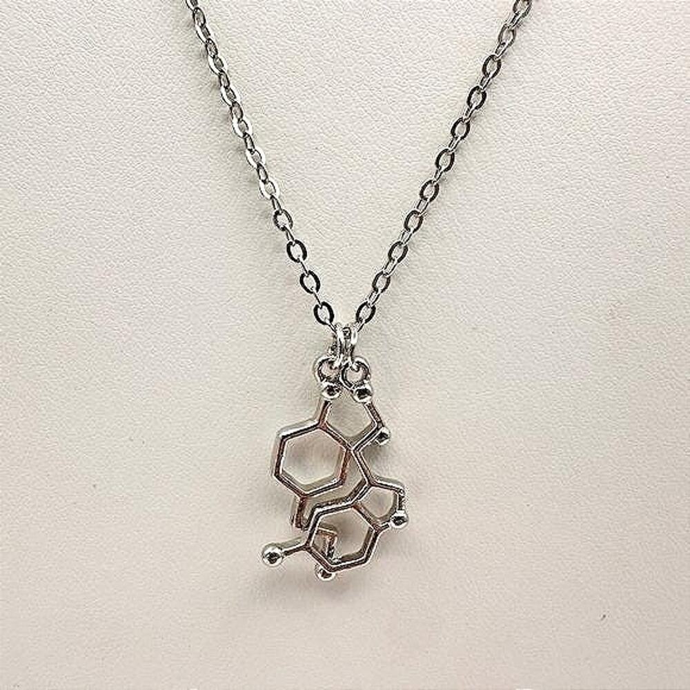 Vintage Y2K Serotonin Molecule Pendant Necklace Silver Tone Chemistry Jewelry